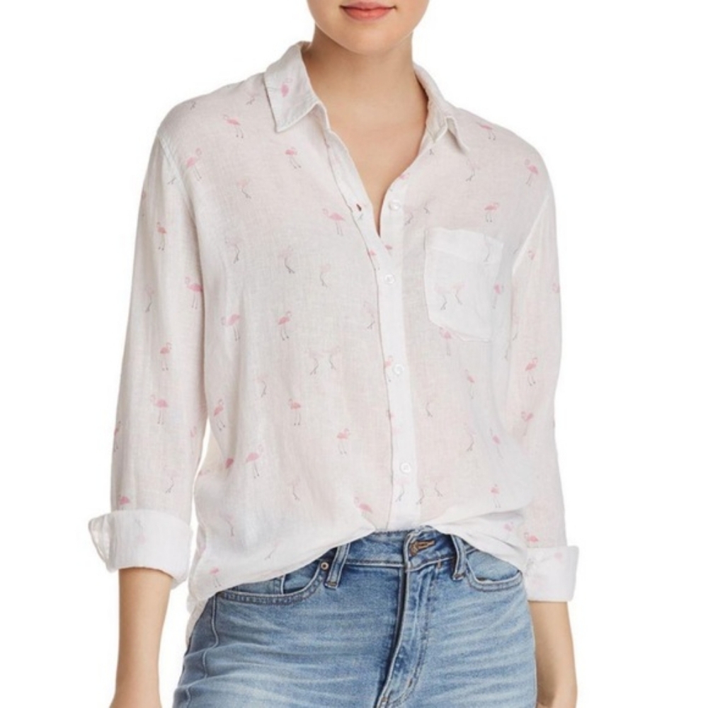Rails Rocsi Pink Flamingo Shirt Button Front Collar Long Sleeve Pocket White XS